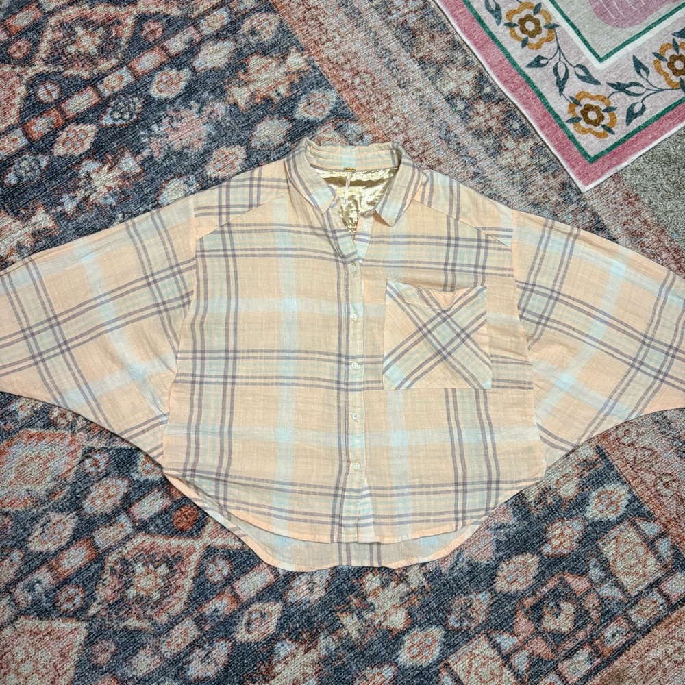 Free People Cutie Cropped Plaid Shirt Oversized Dolman Sleeve Top Size Medium - Picture 14 of 16